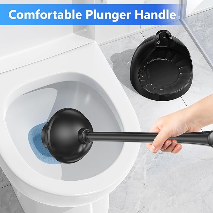 Toilet Plunger with Holder, Plunger with Unique Holder for 5.7-inch Toilet Drain, Plungers for Bathroom with Holder, Toilet Plunger Heavy Duty (1, Black)