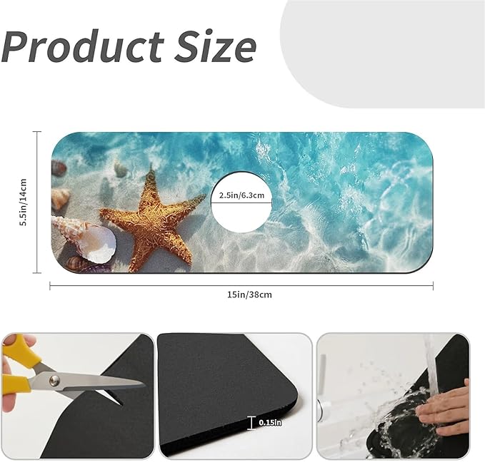 Kitchen Sink Splash Guard，Starfish Shell Beach Faucet Mat Sink Gadgets-Super Absorbent Fast Drying Mat Drip Catcher for Kitchen, Bathroom,Sink Mat, Dish Drying Mat, Bathroom(15" X 5.5" )