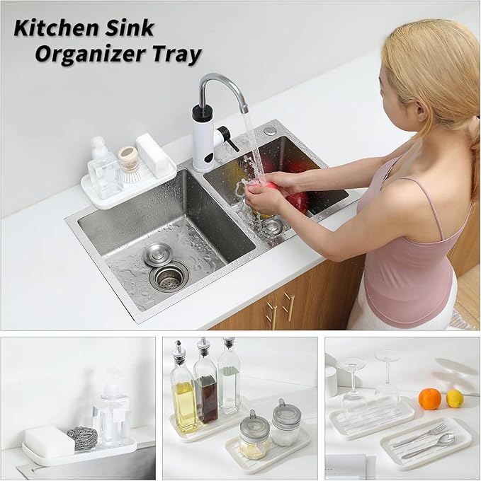 Silicone Kitchen Sink Organizer Tray for Multiple Usage,Eco-Friendly Sponges Holder for Kitchen Bathroom Counter or Sink,Dish Soap Dispenser,Scrubber,Bottle,Cup (White, 10"×5.3")