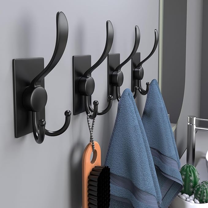 PMMASTO Adhesive Towel Hooks Heavy Duty Wall Hooks Stainless Steel Stick on Door Hooks for Hanging Coat, Hat, Towel Robe Hook-Bathroom Kitchen (Black-4 Pack)