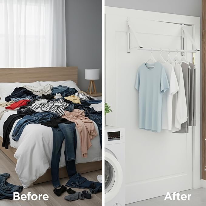 Over The Door Clothes Hanger Rack Foldable Space-Saving Over The Door Hooks for Laundry Drying Bathroom Towels & Home Office(White)