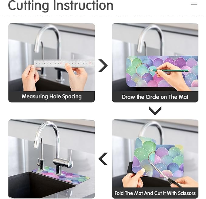 Kitchen Sink Splash Guard 2 PCS 14.7 Inch Sink Faucet Mat Splash Guard for Bathroom Countertop Water Absorbent Foldable Cuttable Soft Washable Watercolor Mermaid Scales Colors