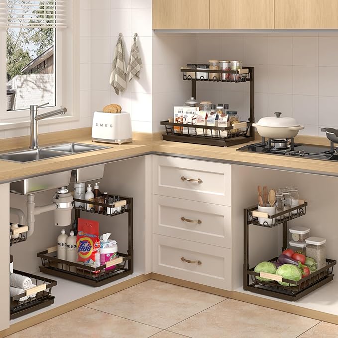 2 Packs Under Sink Organizer, Height Adjustable 2 Tier Under Kitchen sink organizer, Multi-Purpose Storage Shelf for Kitchen Bathroom Cabinet (Brown)