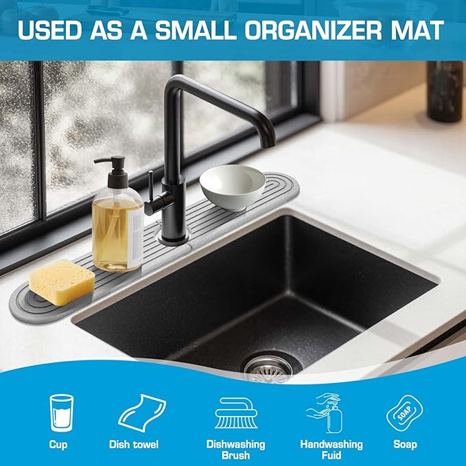 Diatomite Stone Faucet Mat For Kitchen Sink-Absorbent Fast Drying Stone Sink Tray,Faucet Splash Guard Counter,Quick Dry Sink Mat Around Faucet For Kitchen & Bathroom (Light Gray-Oval,23.6" x 4")