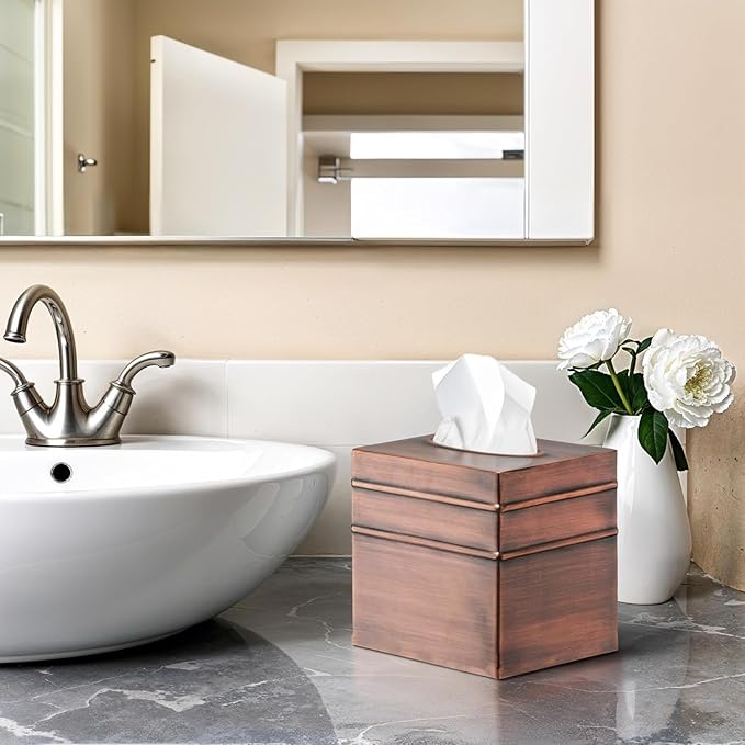 Monarch Abode Tissue Box Cover Square – Handcrafted Border Embossed Antique Copper Metal Tissue Holder Box for Bathroom Accessory, Aesthetic Decorative Facial Napkin Cube for Modern Home Decor
