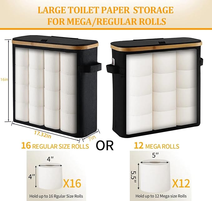 Toilet Paper Storage Basket with Lid for Mega Rolls, Large Bamboo Toilet Paper Organizer Storage Holder Stand for Bathroom, Enclosed Tissue Storage Bin Box Container Free Standing, Gray