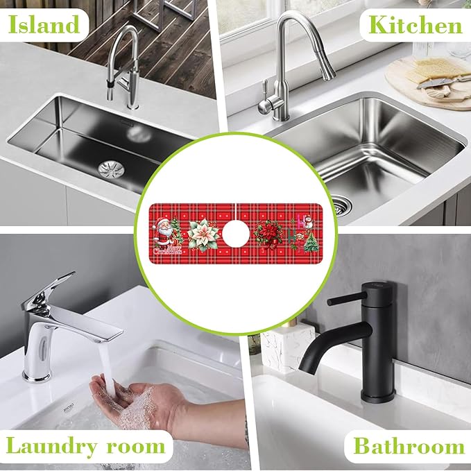 Chrismas Sink Splash Guard Faucet Mat Christmas Absorbent Fast Drying Mat Sink Gadgets Splash Guard Behind Faucet Drip Catcher for Kitchen Bathroom 15.5"X5.5"