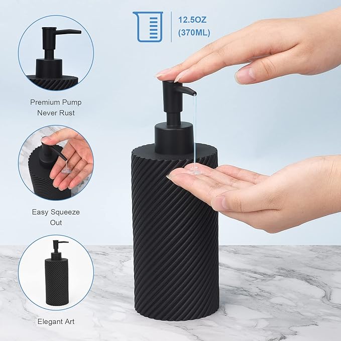 Black Bathroom Accessories Set 4 Pcs - Toothbrush Holder,Lotion Soap Dispenser,Qtip Holder Dispenser,Vanity Tray for Countertop Vanity Organizer,Bathroom Accessory Set