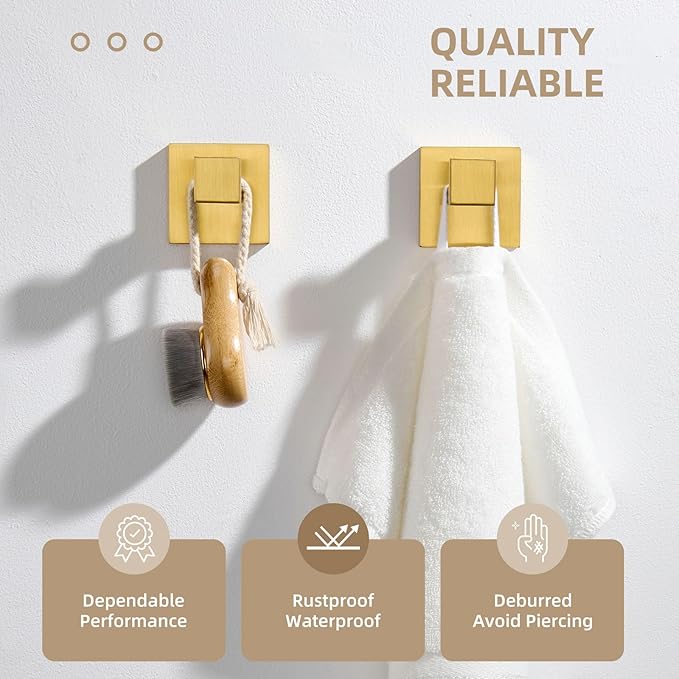 Angle Simple Towel Hook Brassy Gold 2 Pack, 304 Stainless Steel Square Robe Hook for Bathroom