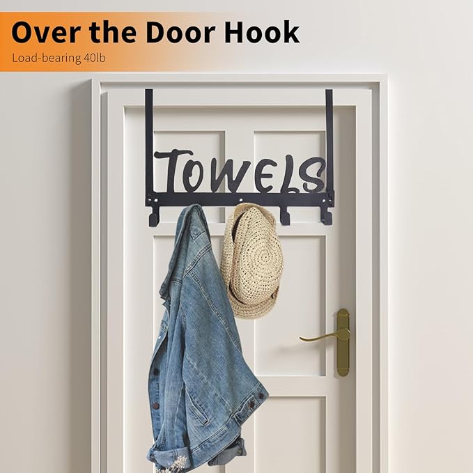 Over The Door Hook, Towel Holder Towel Hook for Bathroom, Towel Hanger Door Rack with 5 Coat Hooks, Over The Door Hanger Towel Rack for Bathroom, Bedroom Towels Coats(Silver)