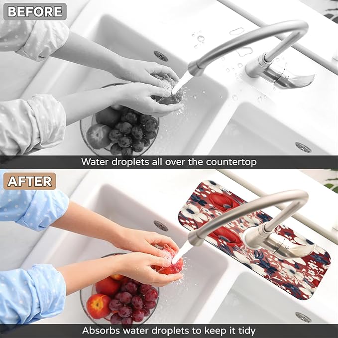 Red White Floral Bliss Kitchen Faucet Mat Splash Guard, 15.4”x5.7” Absorbent Quick Drying Sink Mat for Countertop Protection, Draining Mat Sink Protectors For Kitchen Bathroom, 2 Pack