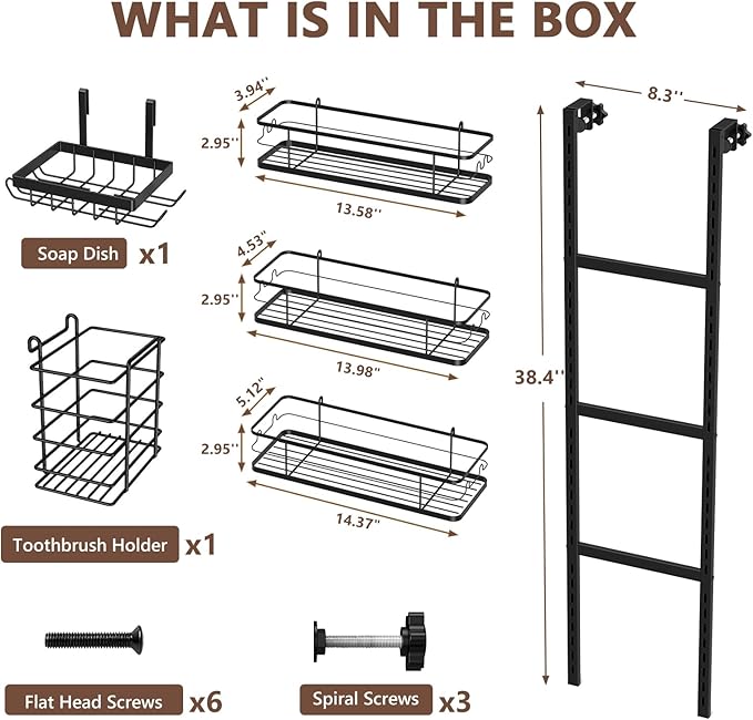 Over The Door Shower Caddy, 304 Stainless Steel Hanging Bathroom Organizer, Pantry Organizer & Kitchen Storage Rack with 3 Adjustable Shelves, No Drilling Hanging Shelf with 14 Hooks, Black