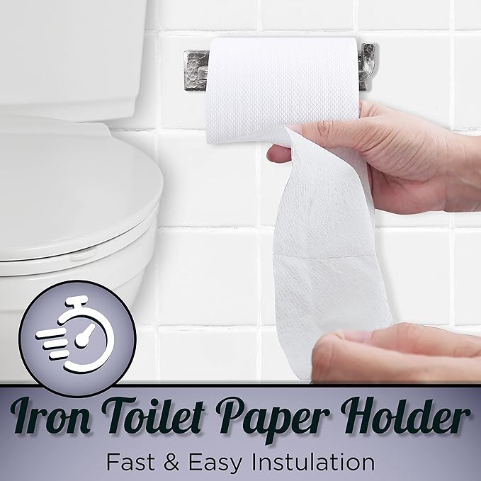 Wrought Iron Toilet Paper Holder – Rustic Wall-Mount Tissue Holder for Bathroom – Vintage Farmhouse Style - 6.6 x 3.2 Inches (Silver)