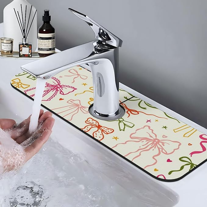 Colorful Bow 15" X 5.5" Kitchen Sink Splash Guard, Faucet Guard Draining Mat, Faucet Suction Pad For Kitchen Bathroom