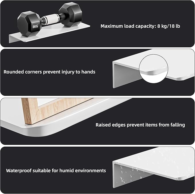 2-Piece White Metal Floating Shelves - Aluminum Alloy Wall Mounted Shelf No Drilling, Rust-Proof, 15.7" Width for Home Decor & Storage in Living Room, Bedroom, Bathroom