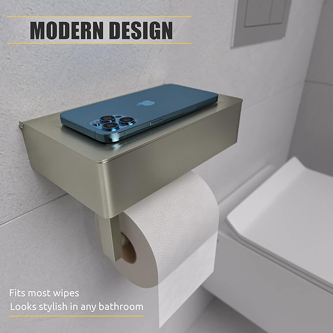 Brushed Nickel Toilet Paper Holder Wall Mounted with Shelf & Wipes Storage – Stainless Steel SUS304 Modern Toilet Tissue Roll Holder for Bathroom, Kitchen – Adhesive and Screw Installation