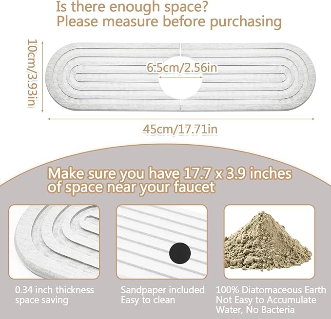 Stone Fucet Mat for Kitchen Sink, Fast Drying Stone Sink Tray Kitchen Faucet Splash Guard Sink Faucet Absorbent Mat for Bathroom Fucet Sinks(17.7" x 3.9",White)