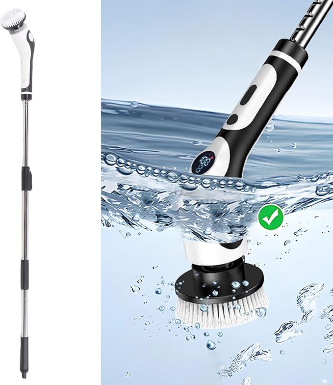 Electric Spin Scrubber, New Cordless 2 Speed Cleaning Brush Bathroom Scrubber, Voice Wireless Handheld Brush, IPX7 Waterproof Shower Scrubber with 9 Brush Heads, Extendable Long Handle