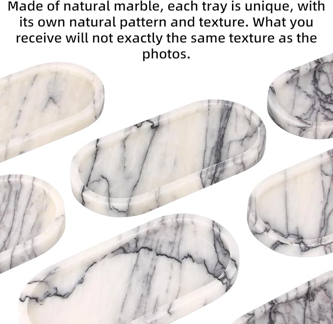 Oval Marble Bathroom Vanity Tray, Natural Luxury Marble Home Kitchen Bathroom Table Tray, Stone Decorative Countertop Serving Trays for Coffee Perfume Jewelry Makeup (Lilac, 10 * 5 * 0.6)