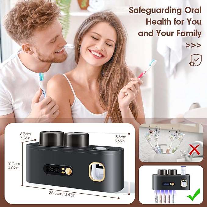 Upgrade Toothbrush Sterilizer,Toothbrush Holder for Bathroom,Tooth Brush Cleaning Tool with Toothpaste Dispenser Wall Mounted Type-C Charging with 2 Cups (Grey)
