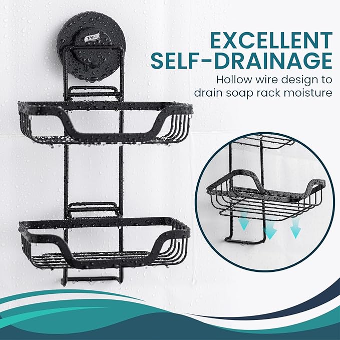 TAILI Soap Holder for Shower - Double Layer Soap Dish with Drain Holes, Rustproof Stainless Steel, Suction Cup Bath Organizer Keeps Sink & Shower Area Dry, Black