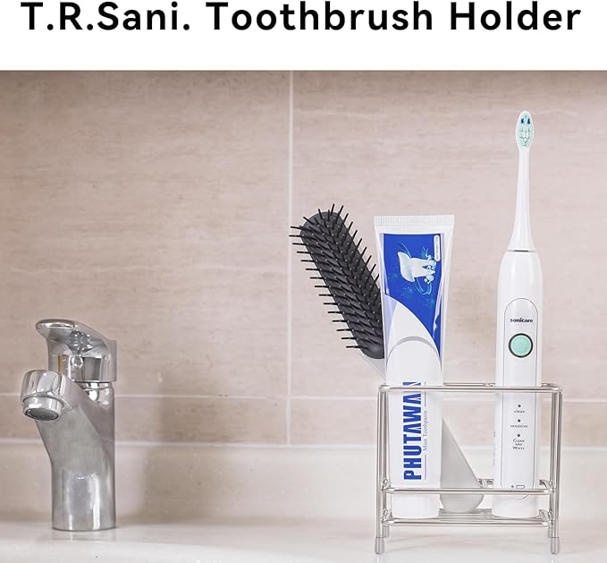 T.R.Sani. Electric Toothbrush Holders for Bathrooms, Toothbrush and Toothpaste Holder for Countertop, Bathroom Accessories for Razor, Comb's Storage-Two Slots, Stainless Steel, Silver