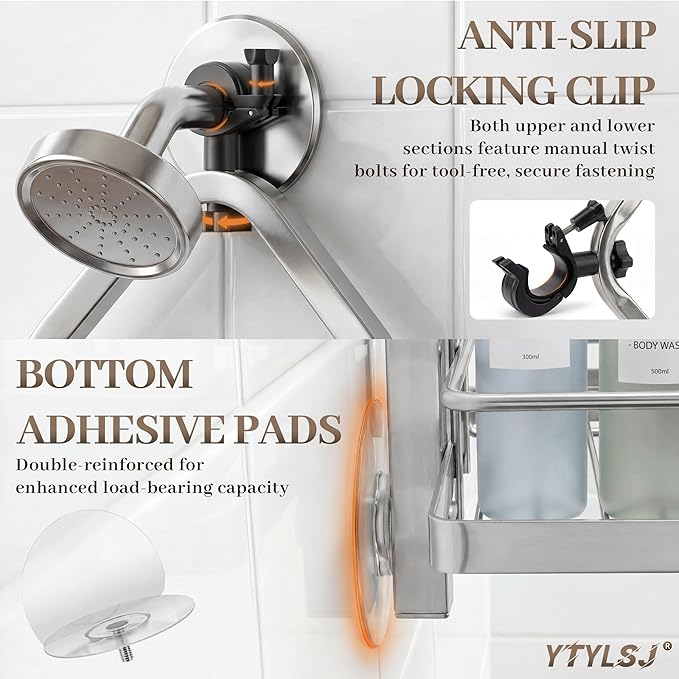 Aluminum Alloy Hanging Shower Caddy for Handheld Shower Heads, 4-Tier Adjustable Shower Rack, Rustproof Hose Hanging Shower Organizer with 2 S-Hooks, Silver