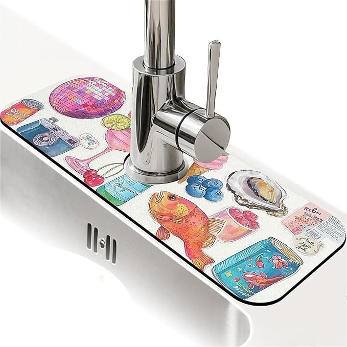 Kitchen Sink Splash Guard，Watercolor cartoon Faucet Mat Sink Gadgets-Super Absorbent Fast Drying Mat Drip Catcher for Kitchen, Bathroom,Sink Mat, Dish Drying Mat, Bathroom(15" X 5.5" )