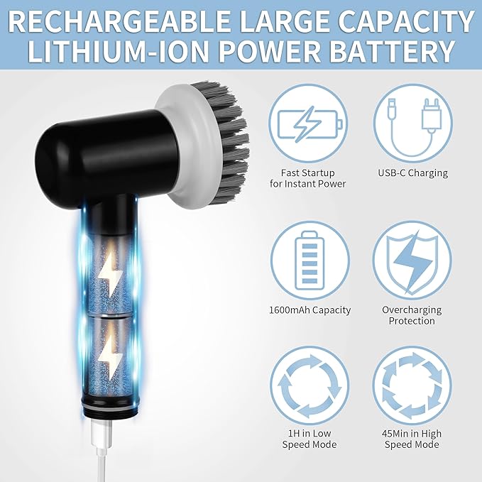 Electric Spin Scrubber, Cordless Shower Scrubber with 3 Replaceable Brushes, Waterproof Power Scrubber for Cleaning Bathroom, Kitchen, Floor, Rechargeable Electric Scrubber for Cleaning, Deep Black