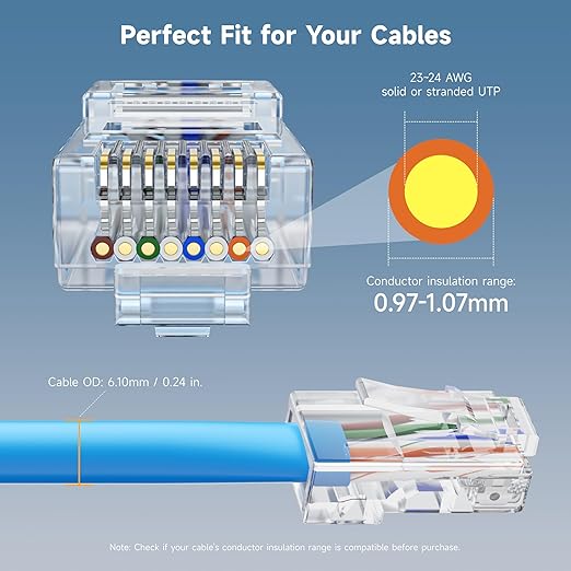 Cable Matters 50-Pack Cat 6 Pass Through RJ45 Connectors, 50µ Gold Plated (Cat 6 Ends / Cat6 Connector /RJ45 Modular Plugs/Ethernet Plugs/Network Connector) for Solid or Stranded UTP Ethernet Cable