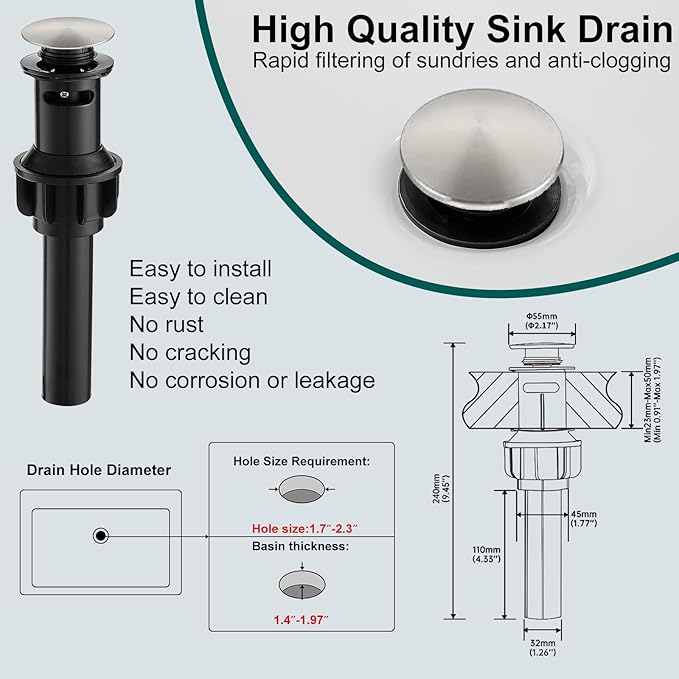 Hoimpro Brushed Nickel Waterfall Bathroom Faucet with cUPC Supply Lines, Single Hole Single Handle Bathroom Sink Faucet with Pop up Drain, Vanity Faucet with Deck Plate, Brushed Nickel(1 or 3 Hole)