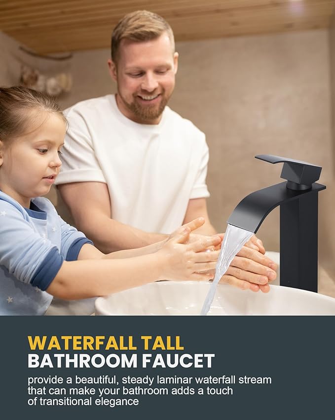 Vessel Sink Faucet Matte Black: ARCORA Single Hole Tall Bathroom Faucet, Single Handle Tall Waterfall Bathroom Faucet with Pop Up Drain and cUPC Supply Lines