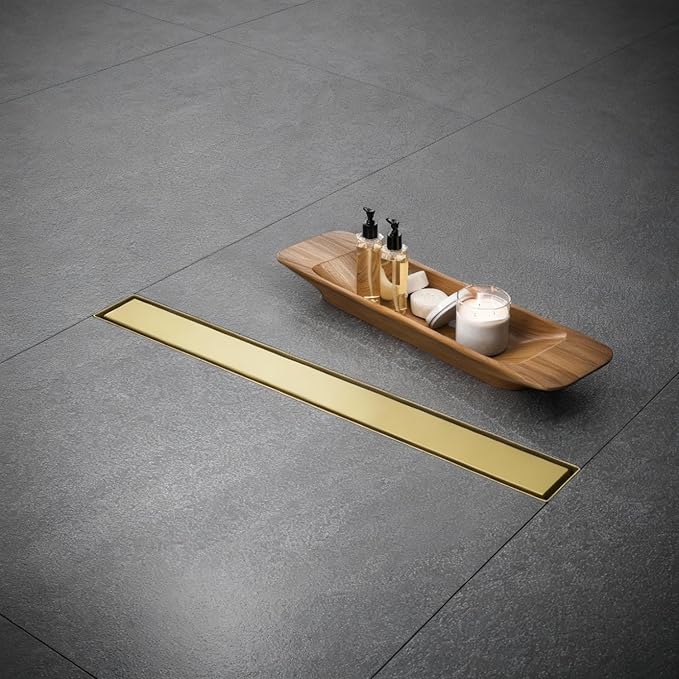 Linear Shower Floor Drain, Brushed Gold 28 Inch 304 Stainless Steel Bathroom Drains Kit, Rectangular Shower Trench Drain with Reversable Tile-in Pattern Drain Cover & Hair Catcher