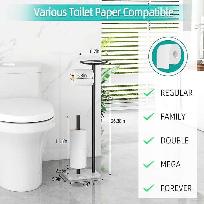 Toilet Paper Holder Stand for Bathroom Floor Standing Toilet Roll Dispenser Storages 4 Reserve Rolls, with Top Storage Shelf for Cell Phones, Wipe, Wallet and More(Marble Black)