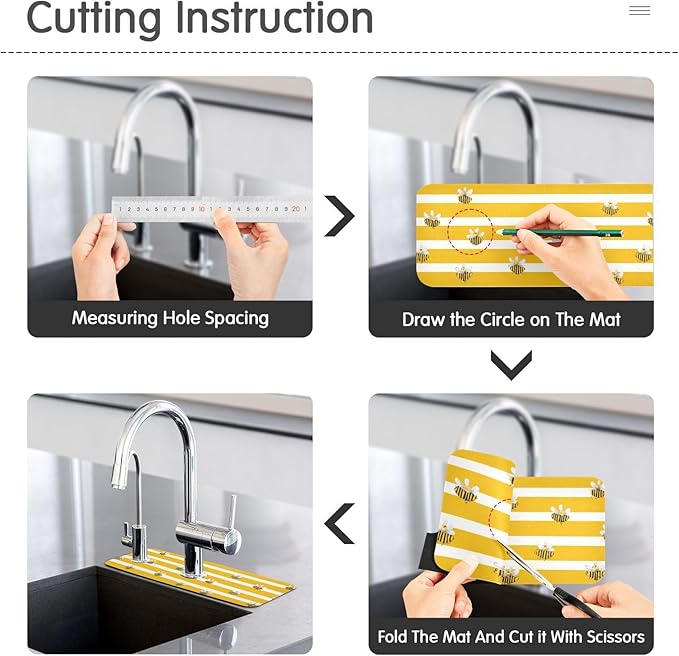 Kitchen Sink Splash Guard 2 PCS 30 Inch Sink Faucet Mat Splash Guard for Bathroom Countertop Water Absorbent Foldable Cuttable Soft Washable Yellow and White Striped Bees01