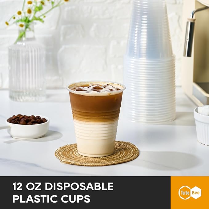 Turbo Bee 12oz Plastic Cups 300 Pack，Disposable Clear Drinking Cups for Home, School, Office & Events，Transparent Tumblers for Drinks, Samples & Commercial Use