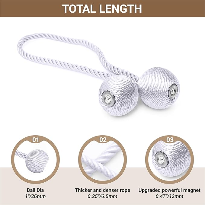 Hion Magnetic Curtain Tiebacks White 6 Pack, Curtain Tiebacks Buckles Holdbacks Holders Hooks Clip for Home Bedroom Office Decorative Thick or Thin Curtain