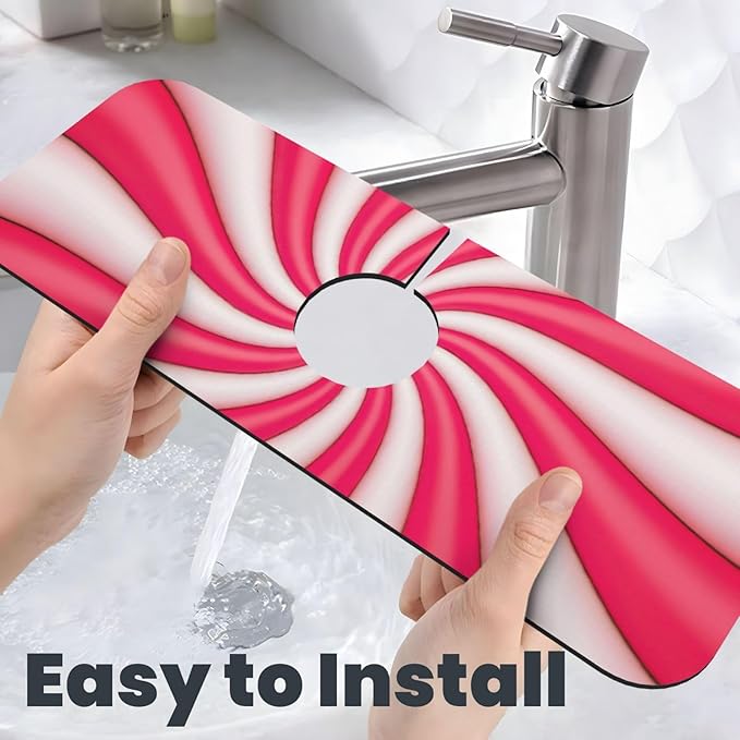 Christmas Lollipop Swirl Candy Sugar Red White Cute Kitchen Sink Splash Guard Faucet Mat 1 Pcs, Absorbent Fast Drying Mat Gadgets Splash Guard For Bathroom 15 X 5.5 Inches