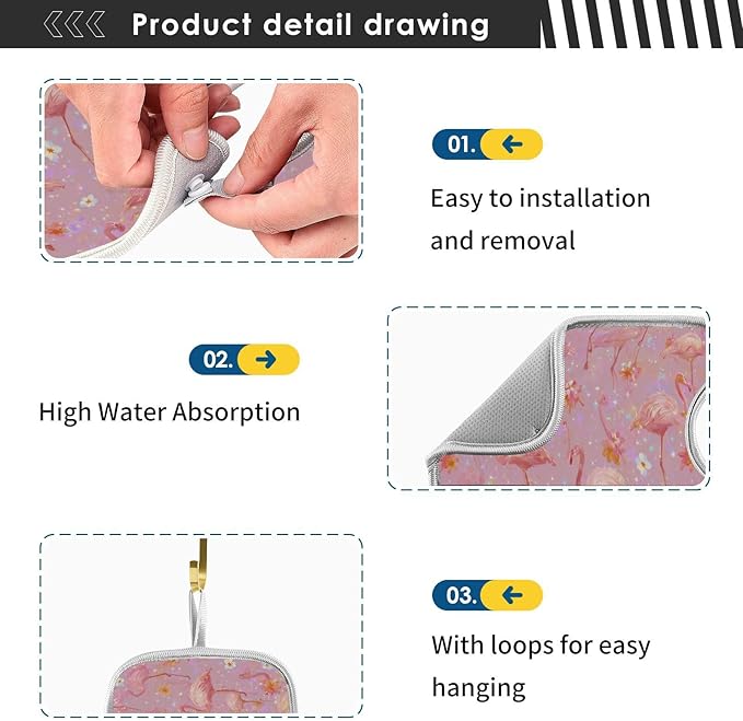 2 PCS Kitchen Sink Splash Guard 23.6 Inch Faucet Mat for Kitchen Sink Bathroom Sink Faucet Absorbing Drip Drain Mat Pad Microfiber Soft Washable Black and Pink Flamingo Petals
