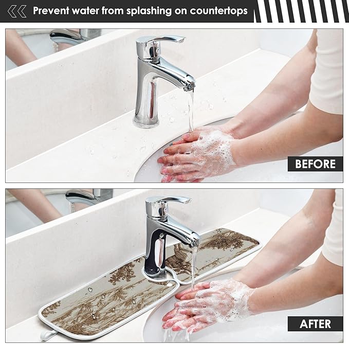 2 PCS Kitchen Sink Splash Guard 30 Inch Faucet Mat for Kitchen Sink Bathroom Sink Faucet Absorbing Drip Drain Mat Pad Microfiber Soft Washable Brown Red Cowboys Horses Cactus Desert