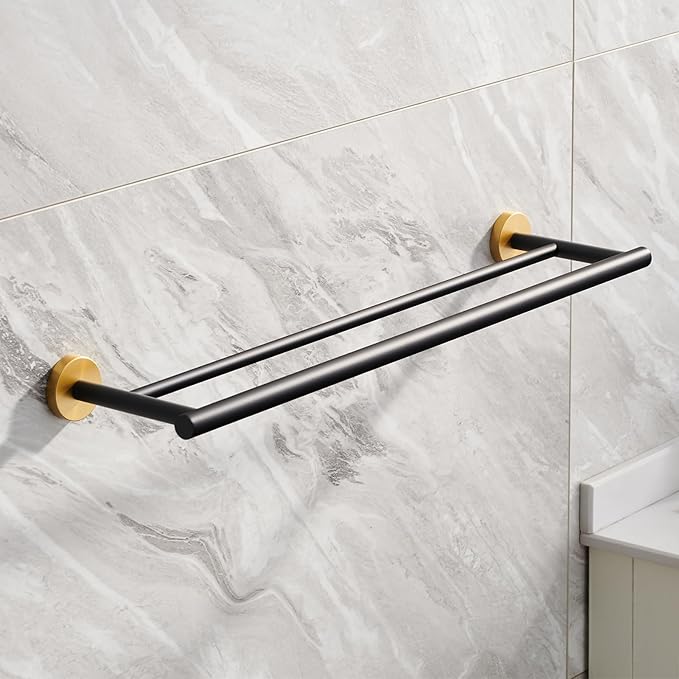 Miyili Double Bath Towel Bar 24-Inch Hand Towel Rack for Bathroom SUS 304 Stainless Steel Wall Mount Black & Gold, A01BG60B