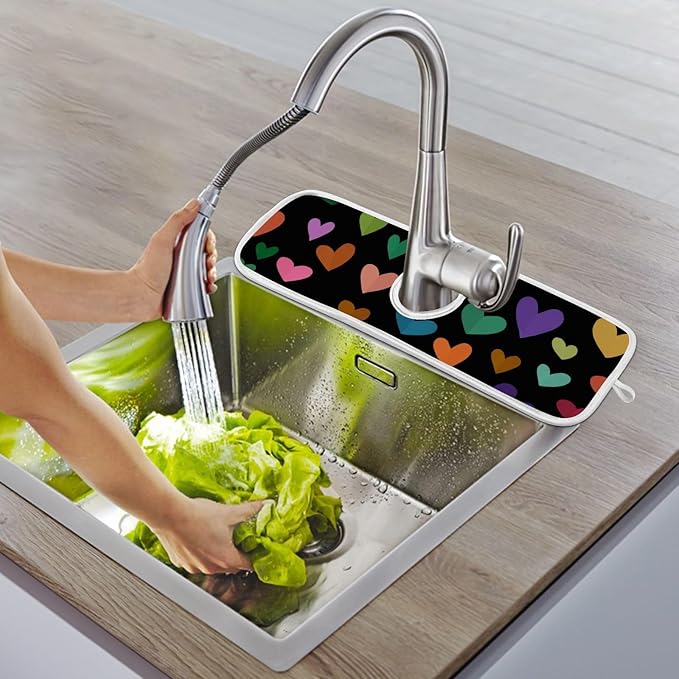 2 PCS Kitchen Sink Splash Guard 30 Inch Faucet Mat for Kitchen Sink Bathroom Sink Faucet Absorbing Drip Drain Mat Pad Microfiber Soft Washable Valentine Purple Colorful Hearts