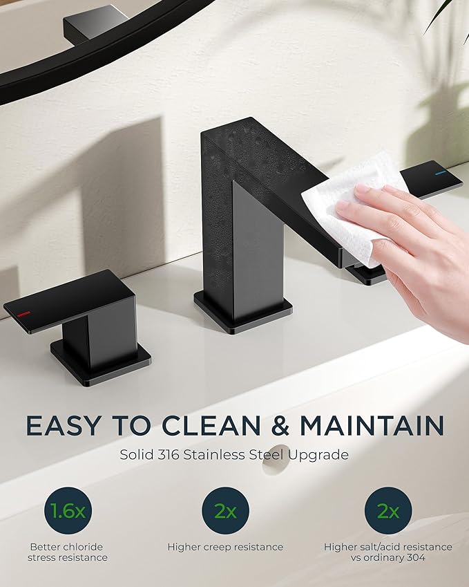 FORIOUS Black Bathroom Faucet 3 Hole, Matte Black Bathroom Sink Faucet 8 Inch Widespread, 2 Handle for Restroom Sink with Pop Up Drain, CUPC Supply Hose and Spare Water Saving Aerator, Vanity 3 Holes