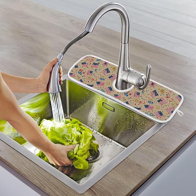 2 PCS Kitchen Sink Splash Guard 23.6 Inch Faucet Mat for Kitchen Sink Bathroom Sink Faucet Absorbing Drip Drain Mat Pad Microfiber Soft Washable Beige Patriotic Flags Fireworks