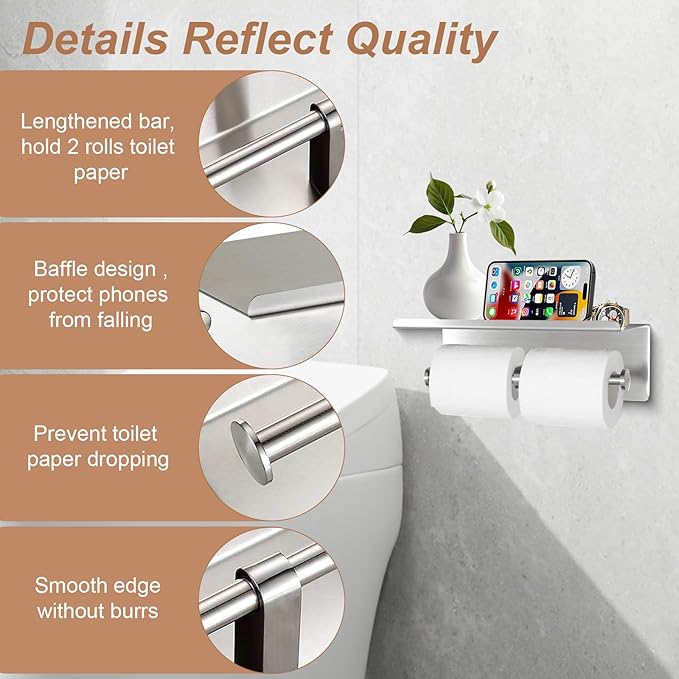 Toilet Paper Holder Wall Mount with Shelf Bjiotun Stainless Steel Toilet Paper Storage Tissue Roll Holder for Bathroom Storage Holds