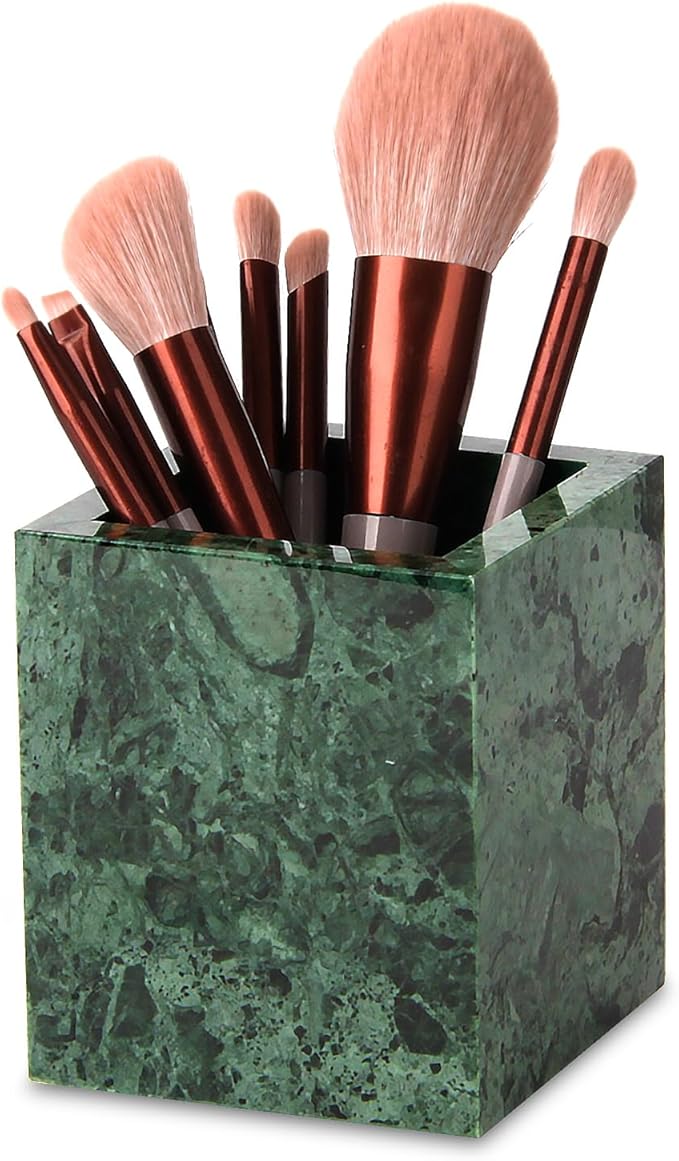 Natural Marble Toothbrush Holder for Bathroom Countertop (8.5x8.5x10cm) - Multifunctional Organizer for Makeup Brushes, Vanity Accessories & Utensils Sink(Blackish Green)