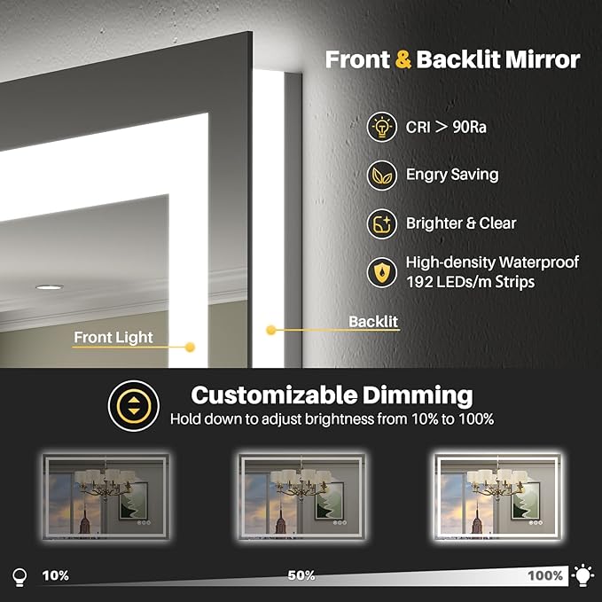 36"x32" LED Bathroom Mirror with Lights, Backlit & Front Lit, Anti-Fog Lighted Bathroom Vanity Mirror for Wall, Memory Function, Dimmable, HD Tempered Glass, Shatter-Proof