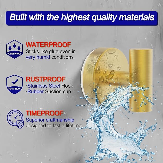 Suction Cup Hooks, Shower Hooks for Inside Shower – Removable Towel Hooks for Bathroom Window Glass Mirror Tile, Bath Robe Looafh Hook for Hanging – Waterproof & Rustproof, Gold(4 Pack)