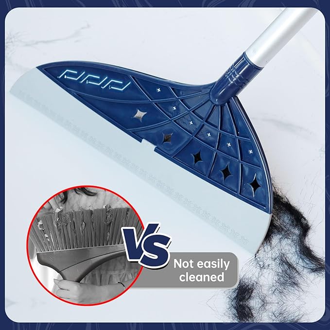 Air Broom for Household Cleaning, Silicone Broom Adjustable Handle, Sweep and Scrape 2-in-1 Squeegee Broom for Wet&Dry Messes, Hair, Liquids, Glass, Bathroom, Kitchen on Smooth Floor (Blue)
