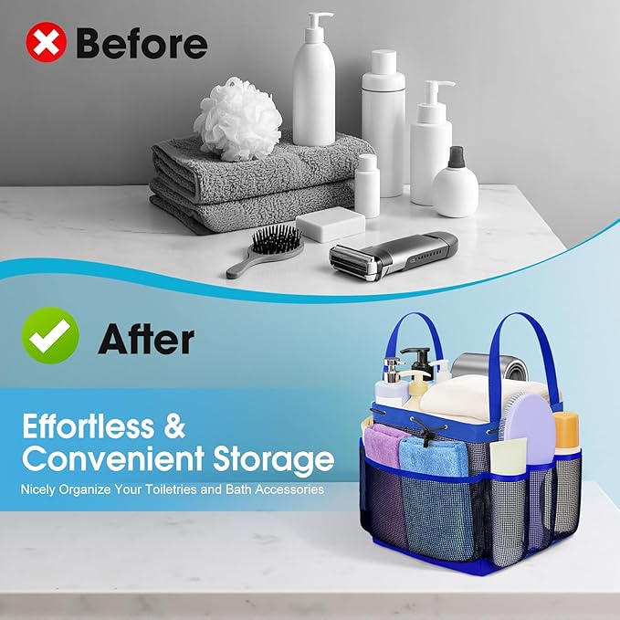 Mesh Shower Caddy Portable with Drawstring, 1 Main Compartment+ 7 Pockets, College Dorm Room Essentials for Girls, Shower Organizer Hanging Bag for Beach, Camp, Swim, Gym, Travel(Blue)